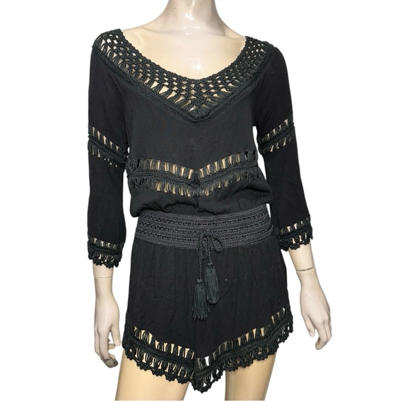 Surf Gypsy Womens Size M Black Crochet Knit Tie Waist V Neck Coastal Rayon Dress - Picture 1 of 8